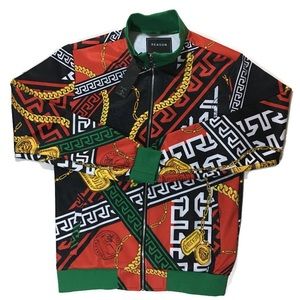 Men’s “Gold Chains” track jacket. Sizes S, and XL.